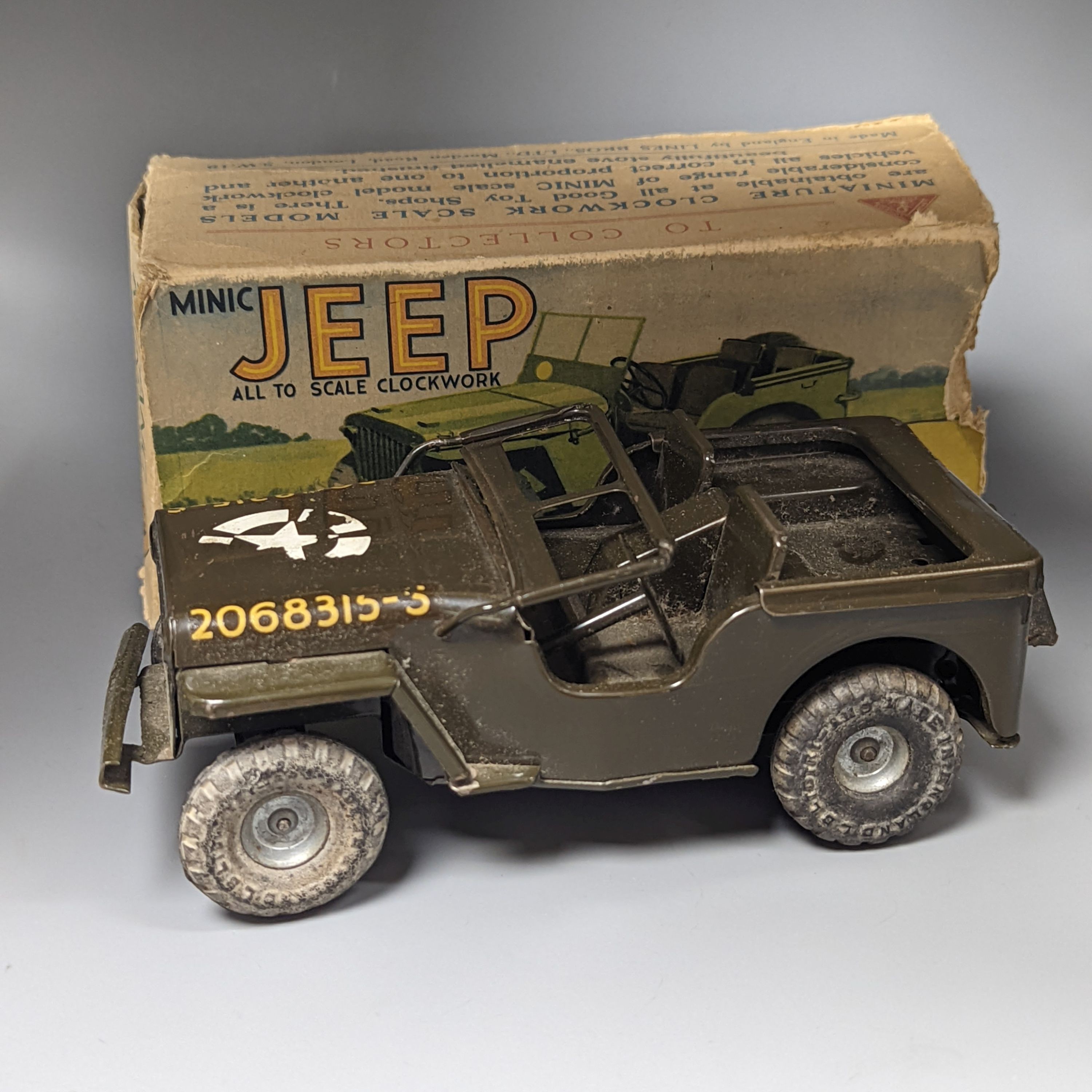 A Tri-Ang Minic Jeep No. 2, in original box, 15cm. long